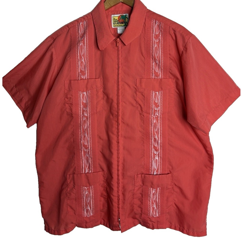 Haband Guayabera Zip Front Shirt Mens Large Salmon Cuban Vacation Resort